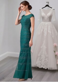 Green Tulle Mother of the Bride Dress – Full Length Sheath Gown with Cap Sleeves