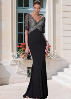 Elegant Black Tulle Chiffon V-Neck Illusion Sleeve Sheath Mother of the Bride Dress – Full Length