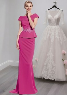 Off The Shoulder Satin Full Length Mother of the Bride Dress with Cap Sleeves