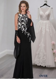 Black Satin Jewel Neck Mother of the Bride Dress – Full-Length Sheath Gown