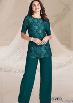 Two Pieces Lace Chiffon Mother of the Bride Pantsuit Green — Jewel Neckline