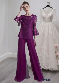 Scoop Neck Chiffon Mother of the Bride Pantsuit – Elegant 3/4 Sleeves Outfit