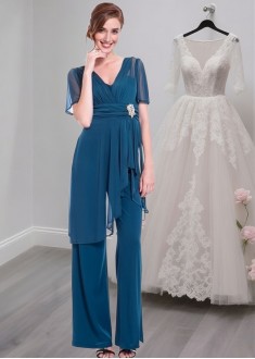 V-Neck Full-Length Chiffon Mother of the Bride Pantsuit with Sleeves