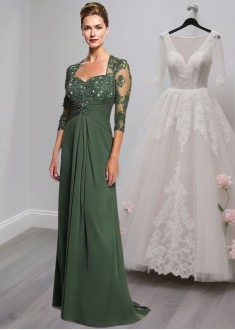 Full-Length Green Chiffon A-Line Mother of the Bride Dress with Illusion Sleeves