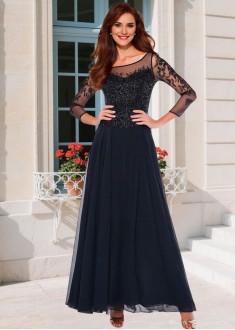 Elegant Tulle & Chiffon Bateau Neck Mother of the Bride Dress – A-Line Full Length with Illusion Sleeves