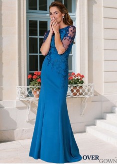Illusion Sleeve Column Mother of the Bride Gown Blue