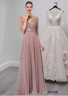 Elegant V-Neck Tulle & Chiffon A-Line Mother of the Bride Dress with Short Sleeves Elegant V-Neck Tulle & Chiffon A-Line Mother of the Bride Dress with Short Sleeves