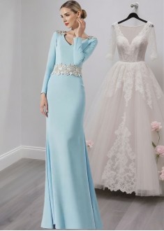 Blue V-Neck Formal Mother Dress – Full Length Sheath Evening Gown