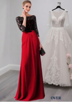 Full-Length Lace Evening Formal Dress with Scoop Neck and 3/4 Sleeves