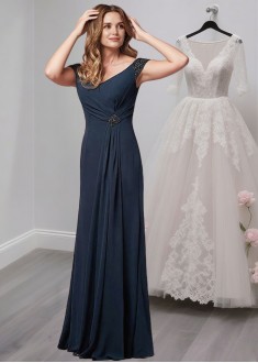Elegant V-Neck Cap Sleeve A-Line Chiffon Mother of the Bride Dress – Full Length