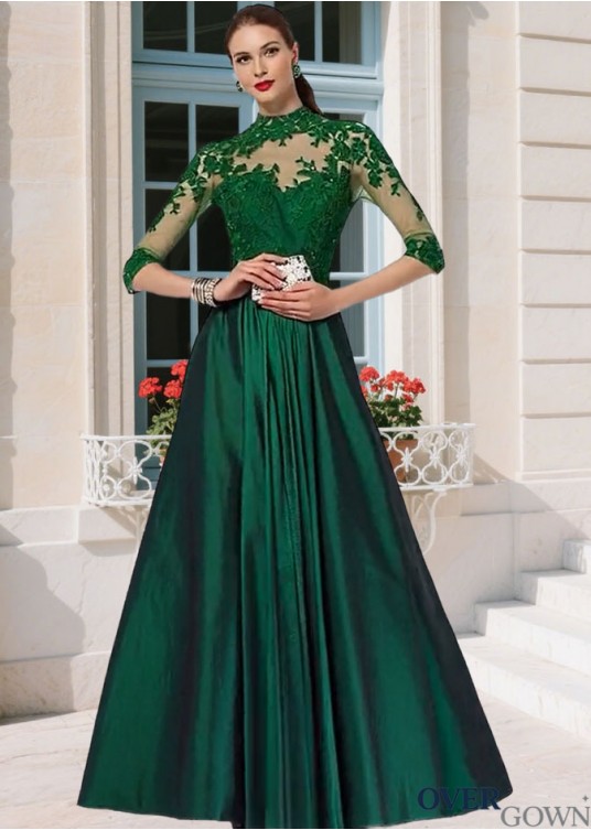 Full Length Green Taffeta Mother of the Bride Gown A-Line High Neck Illusion Full Length Green Taffeta Mother of the Bride Gown A-Line High Neck Illusion