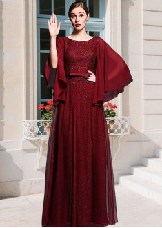 Scoop Neck Red Tulle Stretch Charmeuse A-line Full Mother Dress