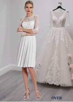 White Lace Chiffon Knee-Length A-Line Formal Dresses with 3/4 Sleeves
