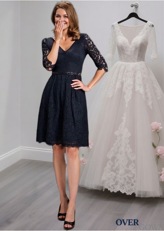 Elegant Knee-Length Lace V-Neck Mother of the Bride Dress with Illusion Sleeves Elegant Knee-Length Lace V-Neck Mother of the Bride Dress with Illusion Sleeves