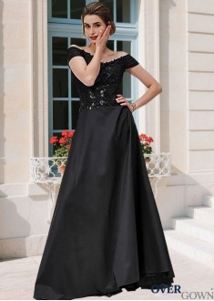 Black Satin Off-the-Shoulder Mother of the Bride Dress