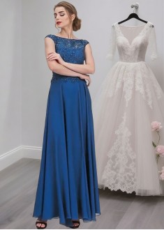 Blue Chiffon A-Line Mother of the Bride Dresses with Cap Sleeves