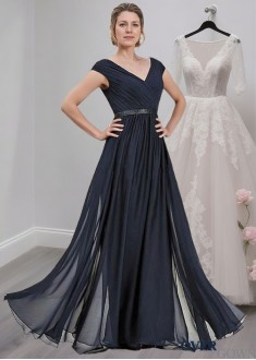 V-Neck Chiffon Mother of the Bride Dress with Cap Sleeves