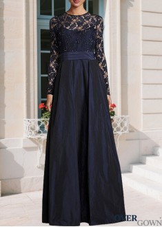 Elegant Lace & Taffeta Jewel Neck A-Line Mother of the Bride Dress – Full Length