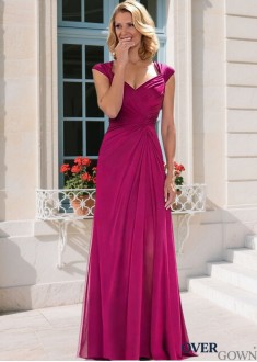 Full Length Cap Sleeve Silk-Like Chiffon Mother of the Bride Gown