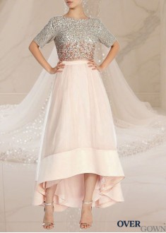 Pink Hi-Lo A-Line Prom Dress and Gown with Beads For Party