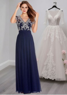 Blue Chiffon A-Line Mother of the Bride Dress with Sleeves and V-Neck