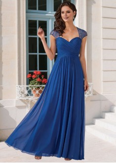 Queen Anne Neckline Cap Sleeve Blue Chiffon A-line Full Mother Dress