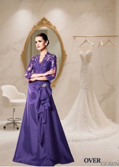 Full Length V-Neck A-Line Mother of the Bride Dress with Tulle & Taffeta Jacket