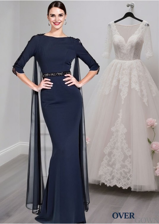 Full Length Mother of the Bride Dress with Bateau Neckline and Illusion Sleeves Full Length Mother of the Bride Dress with Bateau Neckline and Illusion Sleeves