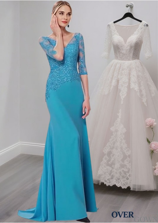 Blue V-Neck Mother of the Bride Dresses With Lace and Half Sleeves Blue V-Neck Mother of the Bride Dresses With Lace and Half Sleeves