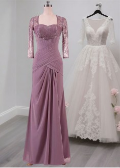 Chiffon Mother of the Bride Dress – Sweetheart Full Length Gown with Sleeves