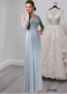 Elegant V-Neck Chiffon and Lace Illusion Sleeve Mother of the Bride Dress Elegant V-Neck Chiffon and Lace Illusion Sleeve Mother of the Bride Dress