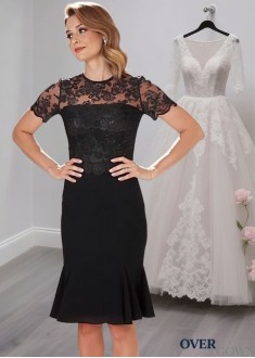 Black Tulle Chiffon Jewel Neck Knee Length Mother of the Bride Dress