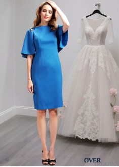 Knee Length Satin Jewel Neck Mother of the Bride Dress in Blue