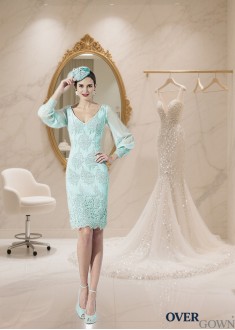 Short V-Neck Satin Mother of the Bride Dress with Long Sleeves