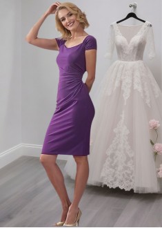 Purple Knee-Length Mother of the Bride Dress Scoop Neck and Cap Sleeves