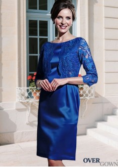 Blue Illusion Sleeve Knee-Length Satin Lace Mother of the Bride Dress