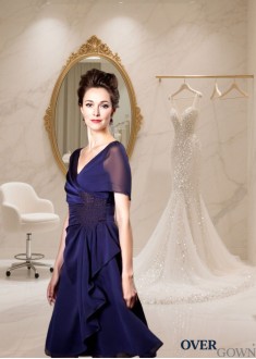 V-Neck Knee-Length Mother of the Bride Dresses – A-Line Illusion Sleeve Formal Gown