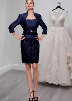 Blue Taffeta Mother of the Bride Dress with Jacket – Knee-Length Sheath Gown