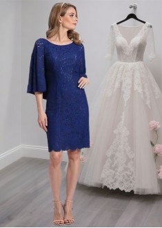 Blue Lace Knee-Length Mother of the Bride Dress with Sleeves and Scoop Neck