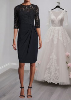 Black Mother of the Bride Dress – Jewel Neck Knee-Length with 1/2 Sleeves