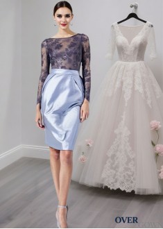 Short Lace Mother of the Bride Dress with Long Sleeves and Scoop Neckline