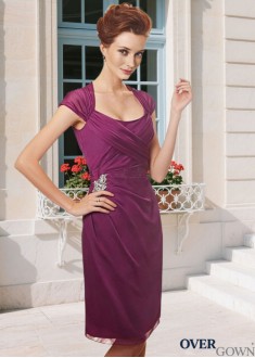 Queen Anne Neckline Cap Sleeve Silk Chiffon Knee-Length Mother Dress