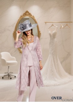 Three Pieces Chiffon Mother of the Bride Pantsuit with Square Neck and Lace Jacket