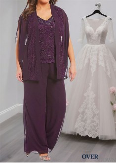Lace Chiffon Mother of the Bride Pantsuit – V-Neck Outfit with Jacket Sleeves