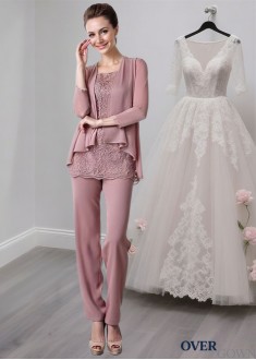 Elegant Three-Piece Chiffon Lace Mother of the Bride Pantsuit with Jacket