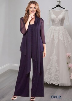 Silk-Like Chiffon Full-Length Mother of the Bride Pantsuit with Jacket Sleeves
