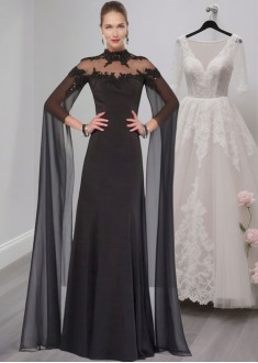 Black Satin High Collar Mother of the Bride Dresses with Illusion Sleeves