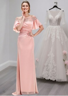 Pink Off-the-Shoulder Mother of the Bride Dress with Lace and Short Sleeves Pink Off-the-Shoulder Mother of the Bride Dress with Lace and Short Sleeves
