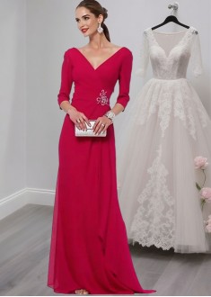 V-Neck Mother of the Bride Dresses with 3/4 Sleeves – Full Length Sheath Gown V-Neck Mother of the Bride Dresses with 3/4 Sleeves – Full Length Sheath Gown