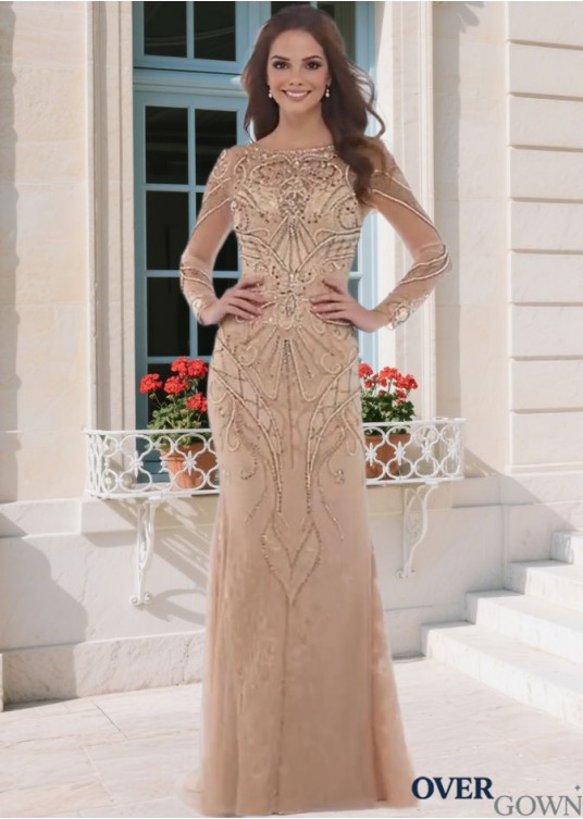 Elegant Tulle Bateau Neck Illusion Sleeve Sheath Mother of the Bride Dress – Full Length Elegant Tulle Bateau Neck Illusion Sleeve Sheath Mother of the Bride Dress – Full Length